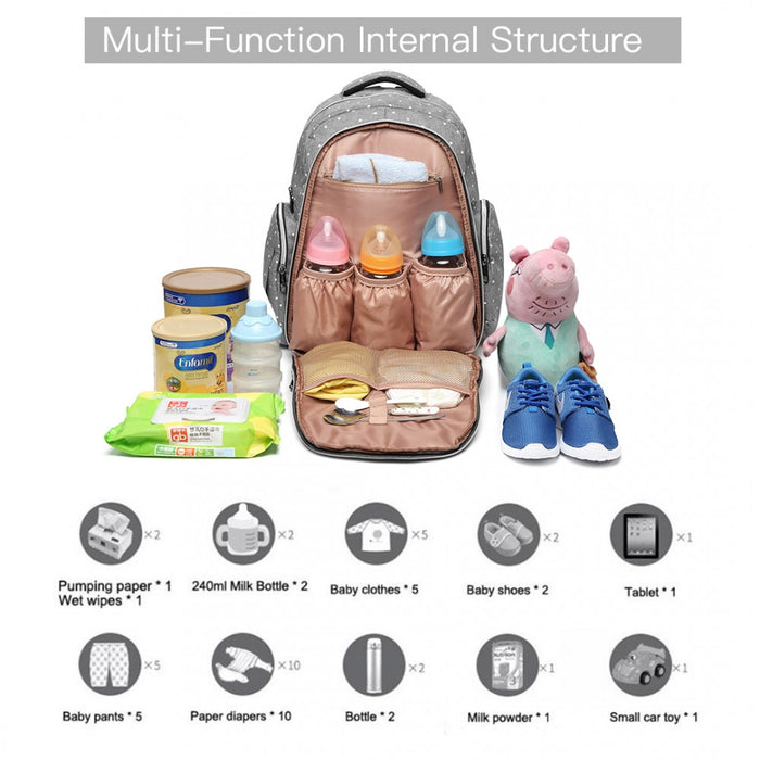 E6706D2 - Kono Large Capacity Multi Function Baby Diaper Backpack Polka Dot - Grey