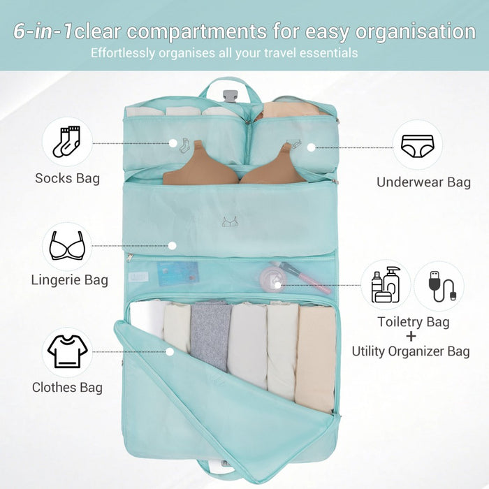 POK2523 - Kono 6-in-1 Hanging Travel Organiser Bag, Portable Foldable Packing Cubes Set with Trolley Sleeve - Blue