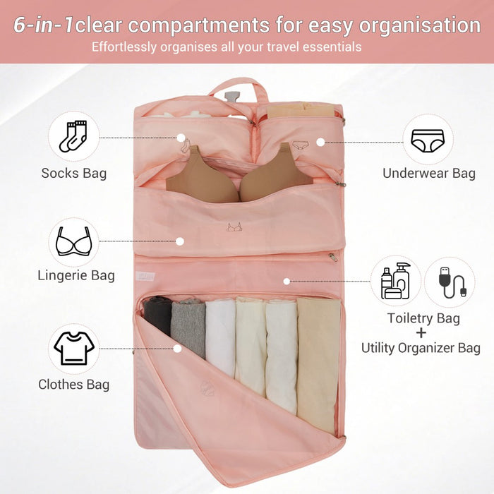 POK2523 - Kono 6-in-1 Hanging Travel Organiser Bag, Portable Foldable Packing Cubes Set with Trolley Sleeve - Pink