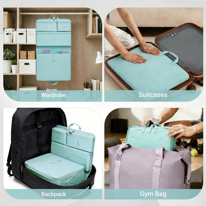 POK2523 - Kono 6-in-1 Hanging Travel Organiser Bag, Portable Foldable Packing Cubes Set with Trolley Sleeve - Blue