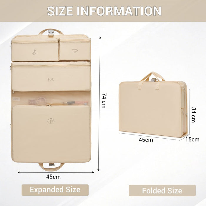 POK2523 - Kono 6-in-1 Hanging Travel Organiser Bag, Portable Foldable Packing Cubes Set with Trolley Sleeve - Beige