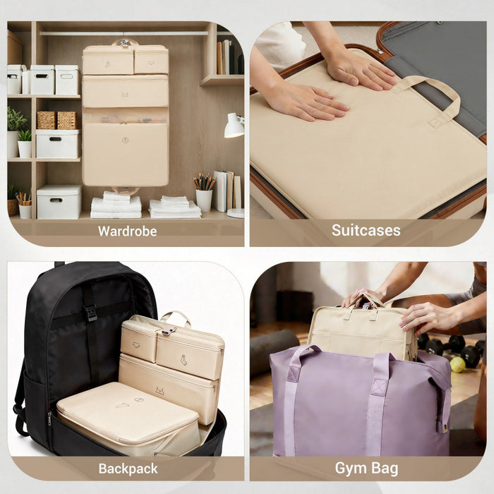 POK2523 - Kono 6-in-1 Hanging Travel Organiser Bag, Portable Foldable Packing Cubes Set with Trolley Sleeve - Beige