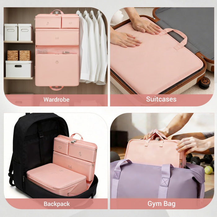 POK2523 - Kono 6-in-1 Hanging Travel Organiser Bag, Portable Foldable Packing Cubes Set with Trolley Sleeve - Pink