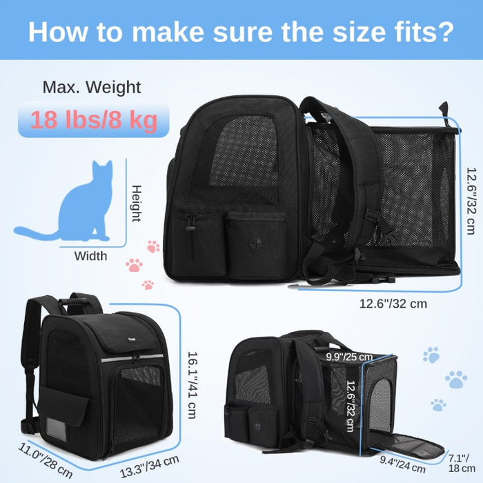 PTD2441 - Dogat Expandable And Foldable Pet Backpack Carrier with Ventilated Mesh Windows Comfortable & Secure Design - Black