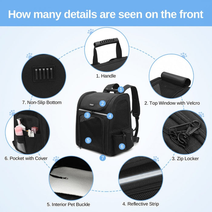 PTD2441 - Dogat Expandable And Foldable Pet Backpack Carrier with Ventilated Mesh Windows Comfortable & Secure Design - Black