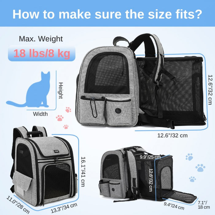 PTD2441 - Dogat Expandable And Foldable Pet Backpack Carrier with Ventilated Mesh Windows Comfortable & Secure Design - Grey