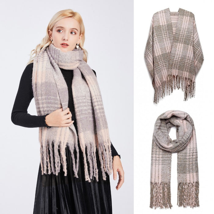 S6429 - Stylish Soft Warm Wrap Check Print Shawl Scarf - Grey