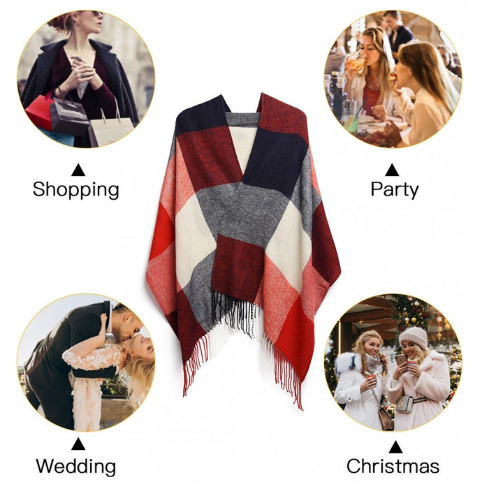 S6430 - Women Fashion Long Shawl Grid Tassel Winter Warm Lattice Large Scarf - Red