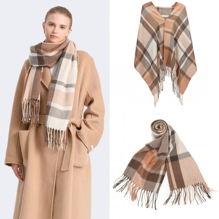 SFN4401 - Elegant Color Block Scarf with Fringe Detailing – Versatile Oversized Design - Apricot