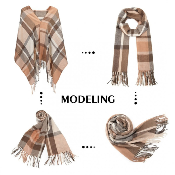 SFN4401 - Elegant Color Block Scarf with Fringe Detailing – Versatile Oversized Design - Apricot