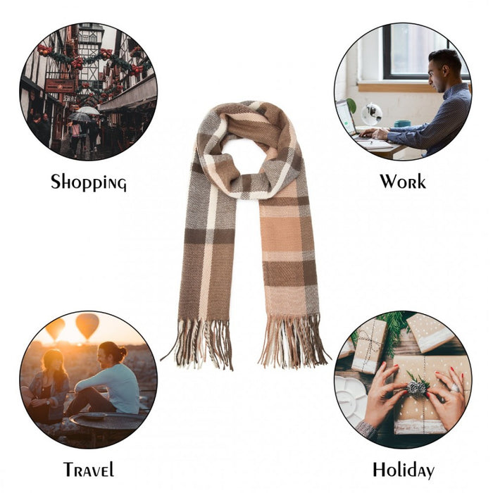 SFN4401 - Elegant Color Block Scarf with Fringe Detailing – Versatile Oversized Design - Apricot