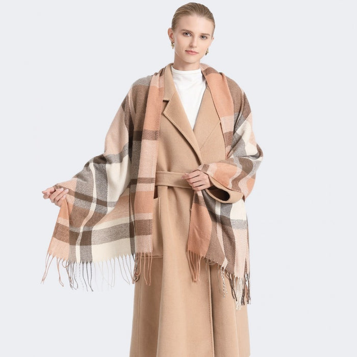 SFN4401 - Elegant Color Block Scarf with Fringe Detailing – Versatile Oversized Design - Apricot