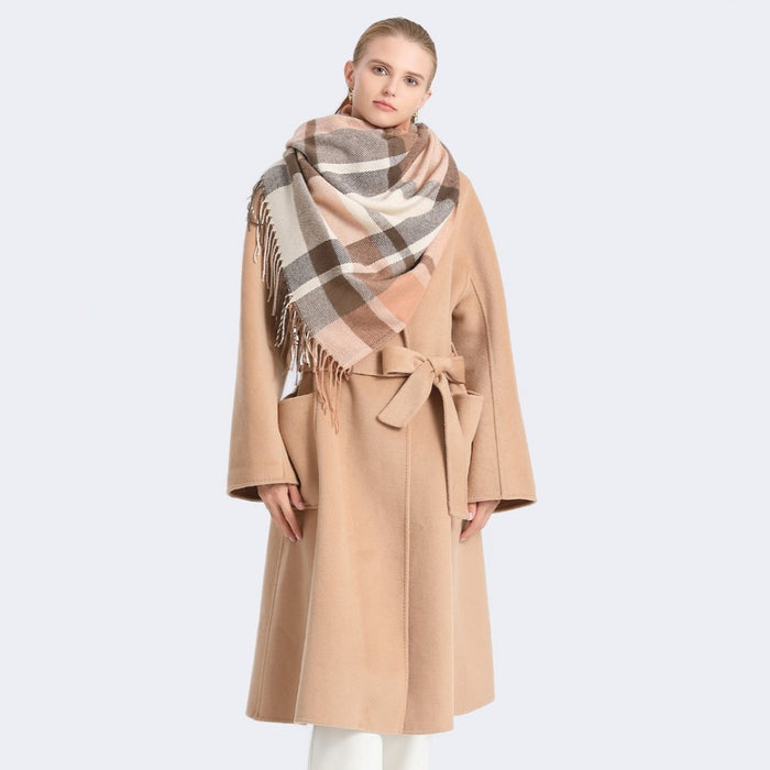 SFN4401 - Elegant Color Block Scarf with Fringe Detailing – Versatile Oversized Design - Apricot