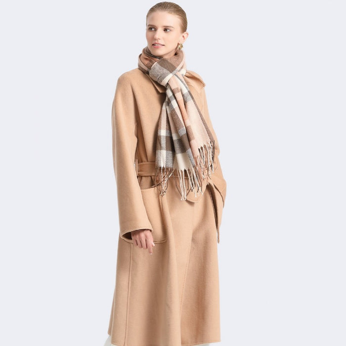 SFN4401 - Elegant Color Block Scarf with Fringe Detailing – Versatile Oversized Design - Apricot