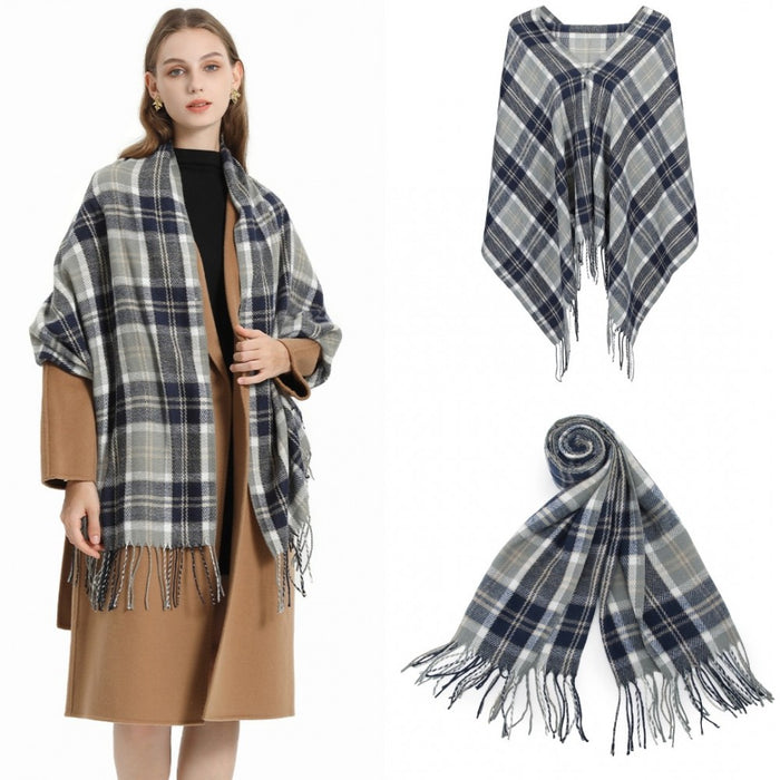 SFN4401 - Elegant Color Block Scarf with Fringe Detailing – Versatile Oversized Design - Dark Blue