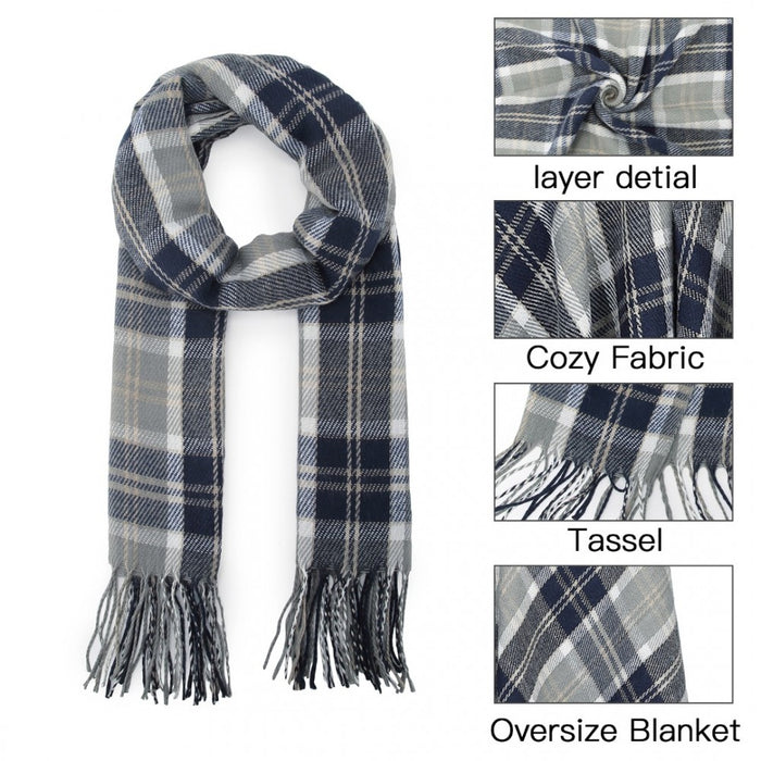 SFN4401 - Elegant Color Block Scarf with Fringe Detailing – Versatile Oversized Design - Dark Blue