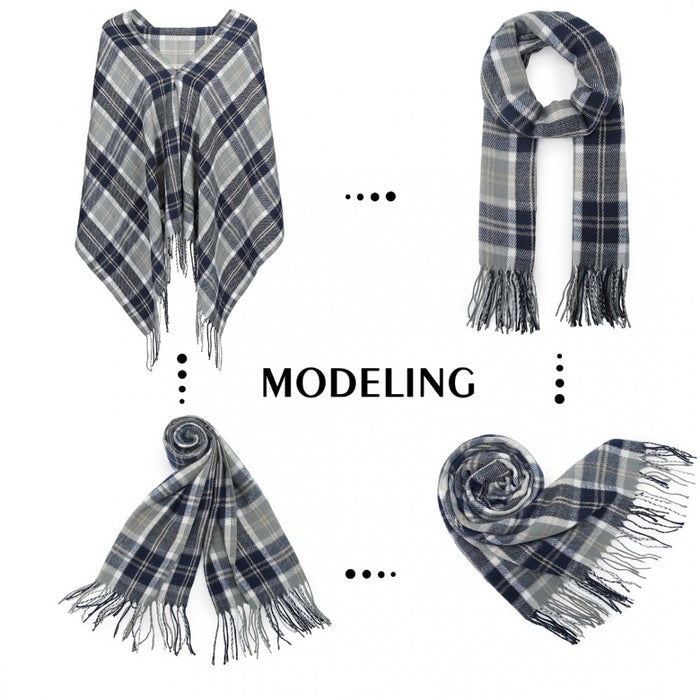 SFN4401 - Elegant Color Block Scarf with Fringe Detailing – Versatile Oversized Design - Dark Blue