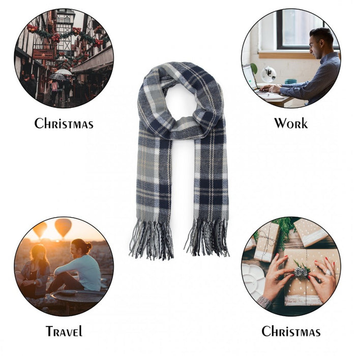 SFN4401 - Elegant Color Block Scarf with Fringe Detailing – Versatile Oversized Design - Dark Blue