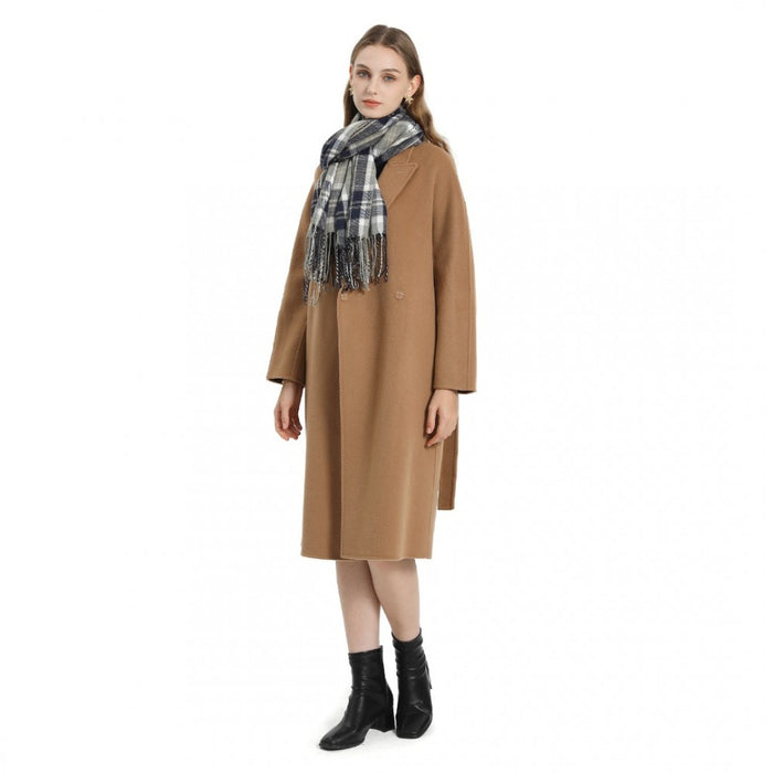 SFN4401 - Elegant Color Block Scarf with Fringe Detailing – Versatile Oversized Design - Dark Blue