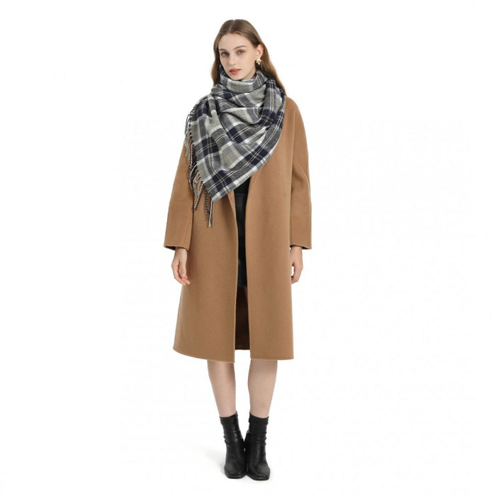 SFN4401 - Elegant Color Block Scarf with Fringe Detailing – Versatile Oversized Design - Dark Blue