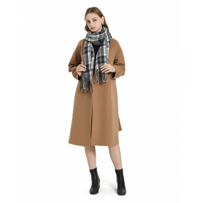 SFN4401 - Elegant Color Block Scarf with Fringe Detailing – Versatile Oversized Design - Dark Blue