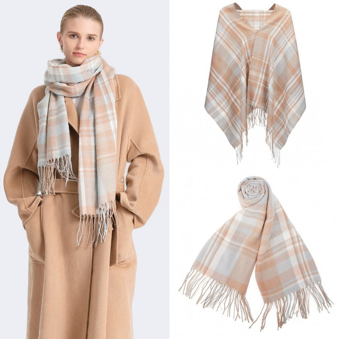 SFN4401 - Elegant Color Block Scarf with Fringe Detailing – Versatile Oversized Design - Light Blue