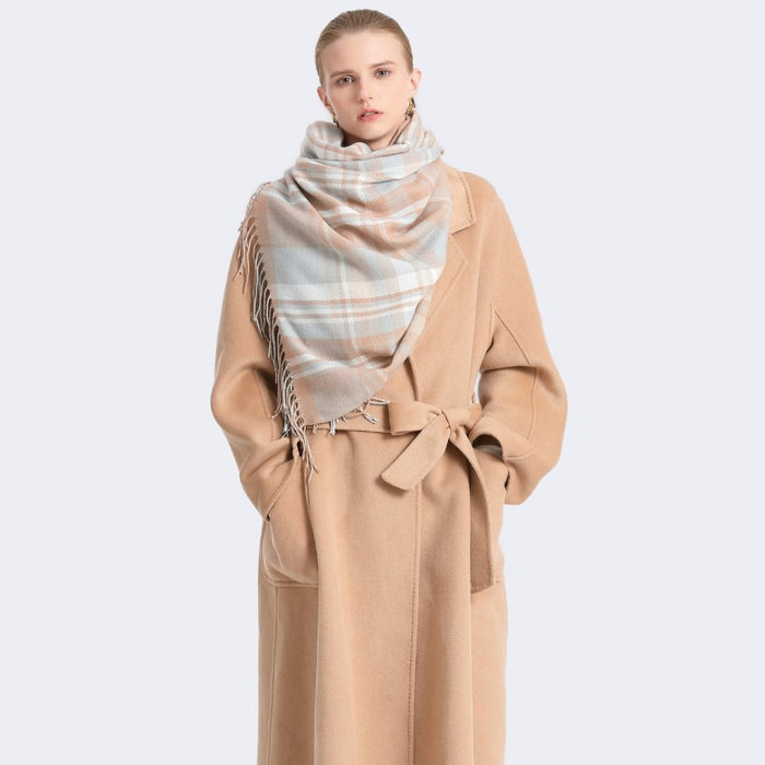 SFN4401 - Elegant Color Block Scarf with Fringe Detailing – Versatile Oversized Design - Light Blue