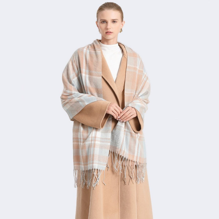 SFN4401 - Elegant Color Block Scarf with Fringe Detailing – Versatile Oversized Design - Light Blue
