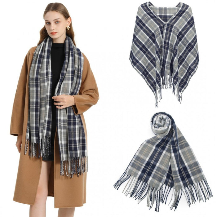 SFN4401 - Elegant Color Block Scarf with Fringe Detailing – Versatile Oversized Design - Navy