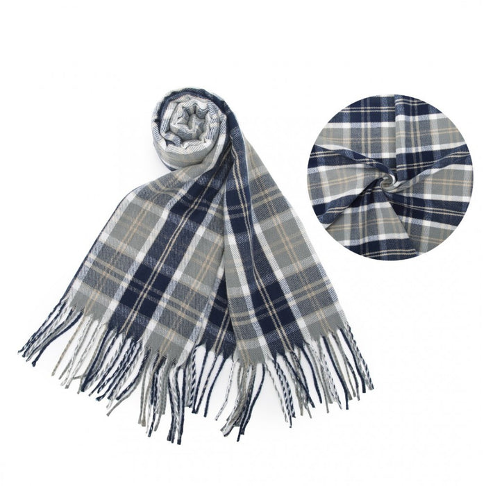 SFN4401 - Elegant Color Block Scarf with Fringe Detailing – Versatile Oversized Design - Navy
