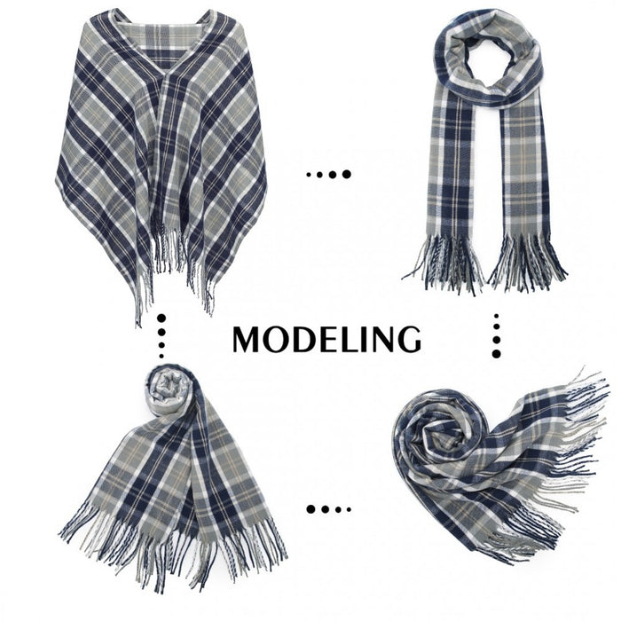 SFN4401 - Elegant Color Block Scarf with Fringe Detailing – Versatile Oversized Design - Navy