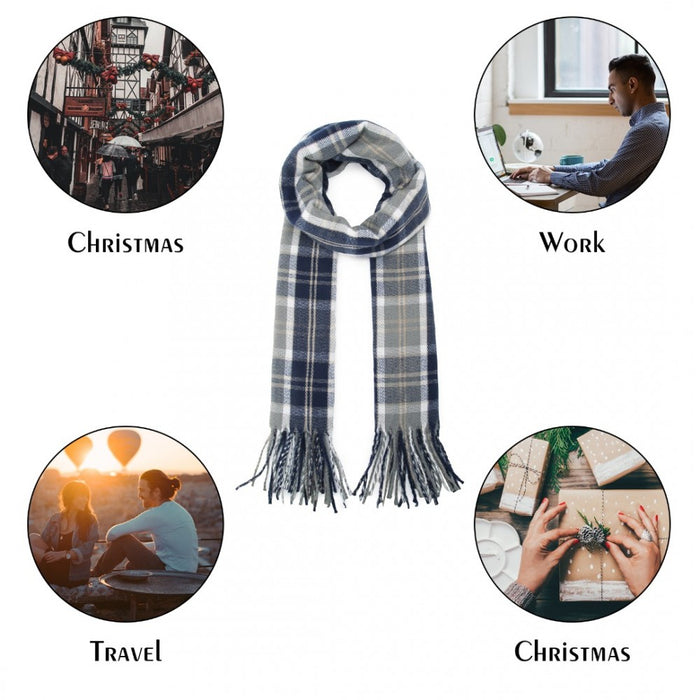 SFN4401 - Elegant Color Block Scarf with Fringe Detailing – Versatile Oversized Design - Navy