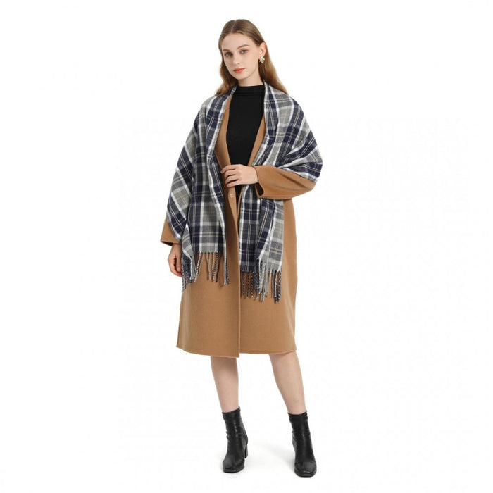 SFN4401 - Elegant Color Block Scarf with Fringe Detailing – Versatile Oversized Design - Navy