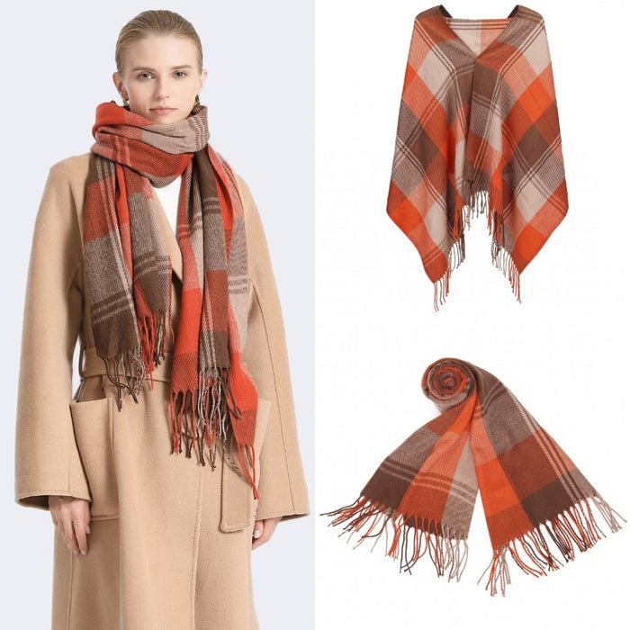 SFN4401 - Elegant Color Block Scarf with Fringe Detailing – Versatile Oversized Design - Orange