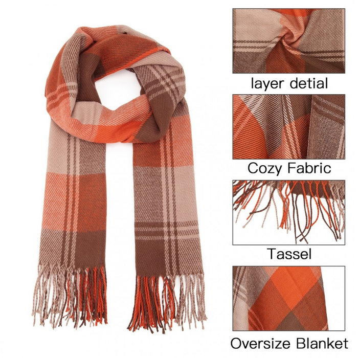 SFN4401 - Elegant Color Block Scarf with Fringe Detailing – Versatile Oversized Design - Orange