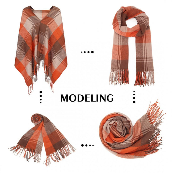 SFN4401 - Elegant Color Block Scarf with Fringe Detailing – Versatile Oversized Design - Orange