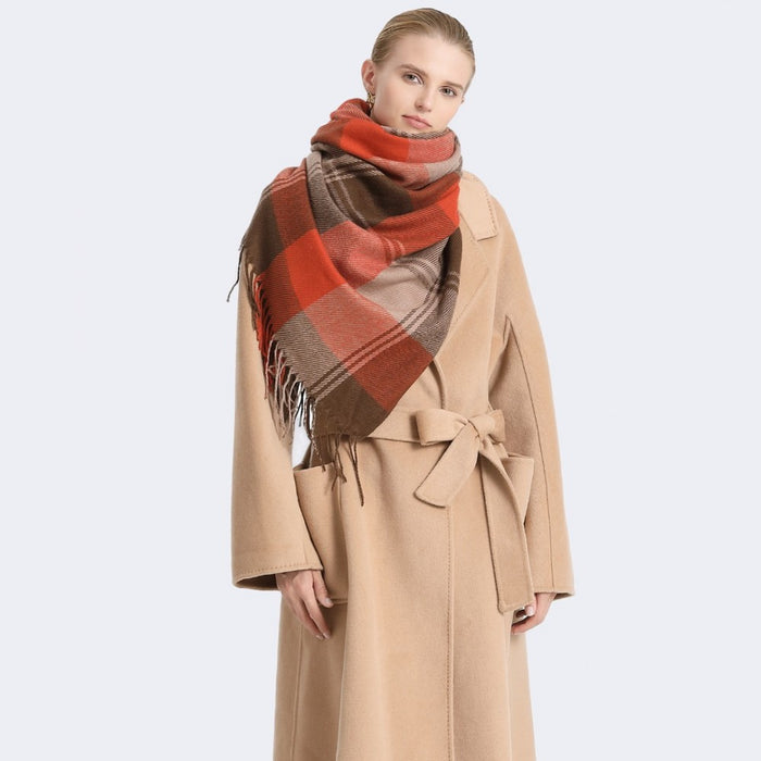SFN4401 - Elegant Color Block Scarf with Fringe Detailing – Versatile Oversized Design - Orange
