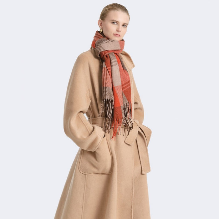 SFN4401 - Elegant Color Block Scarf with Fringe Detailing – Versatile Oversized Design - Orange