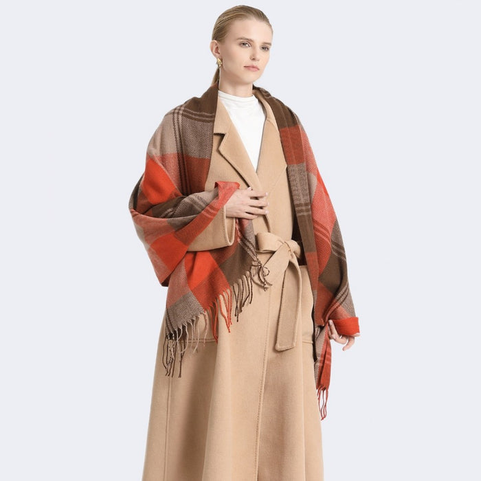 SFN4401 - Elegant Color Block Scarf with Fringe Detailing – Versatile Oversized Design - Orange