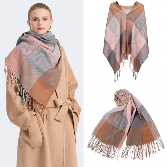SFN4401 - Elegant Color Block Scarf with Fringe Detailing – Versatile Oversized Design - Pink