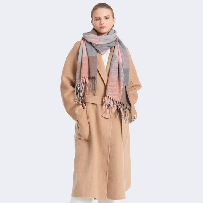 SFN4401 - Elegant Color Block Scarf with Fringe Detailing – Versatile Oversized Design - Pink