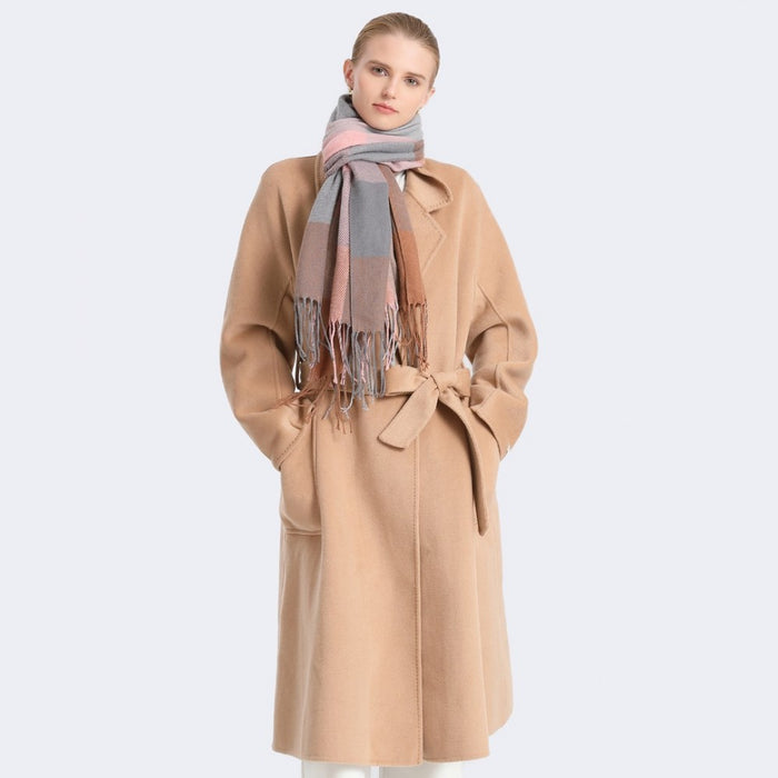 SFN4401 - Elegant Color Block Scarf with Fringe Detailing – Versatile Oversized Design - Pink