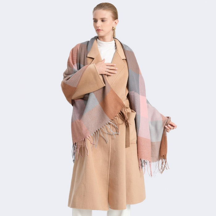 SFN4401 - Elegant Color Block Scarf with Fringe Detailing – Versatile Oversized Design - Pink