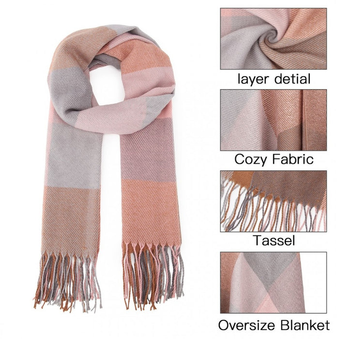 SFN4401 - Elegant Color Block Scarf with Fringe Detailing – Versatile Oversized Design - Pink