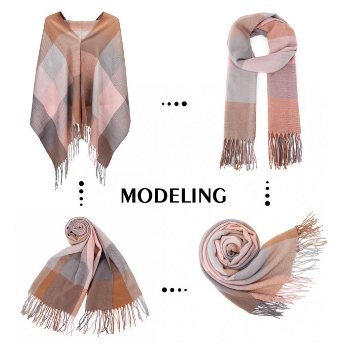 SFN4401 - Elegant Color Block Scarf with Fringe Detailing – Versatile Oversized Design - Pink