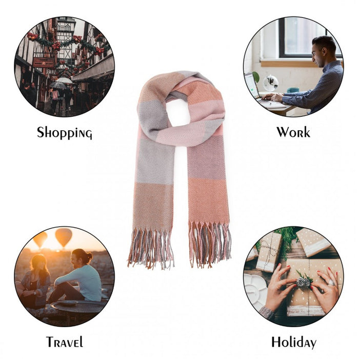 SFN4401 - Elegant Color Block Scarf with Fringe Detailing – Versatile Oversized Design - Pink