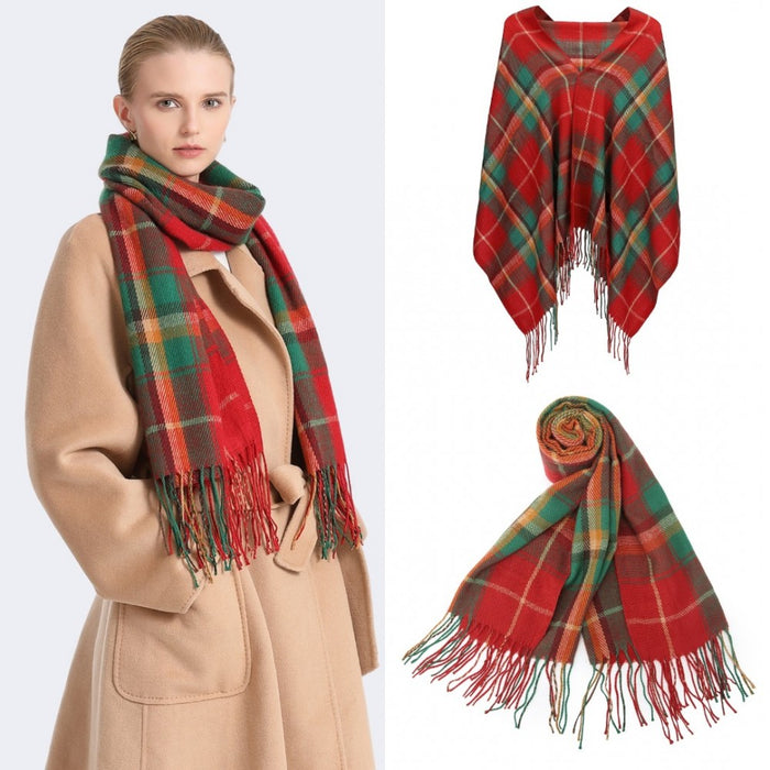 SFN4401 - Elegant Color Block Scarf with Fringe Detailing – Versatile Oversized Design - Red
