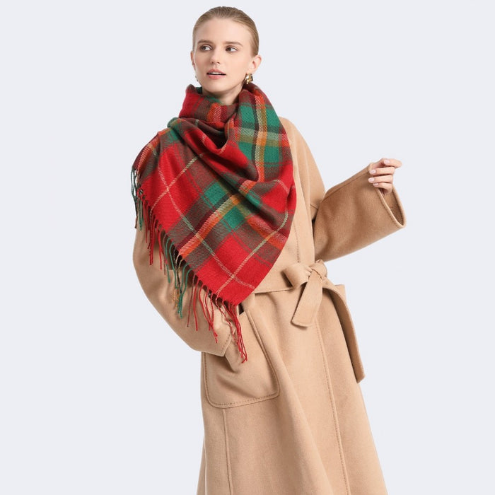 SFN4401 - Elegant Color Block Scarf with Fringe Detailing – Versatile Oversized Design - Red