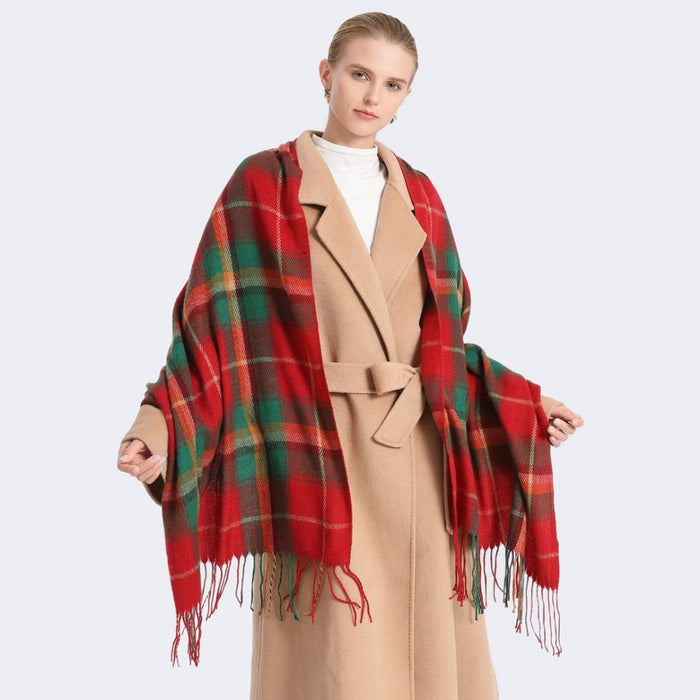 SFN4401 - Elegant Color Block Scarf with Fringe Detailing – Versatile Oversized Design - Red