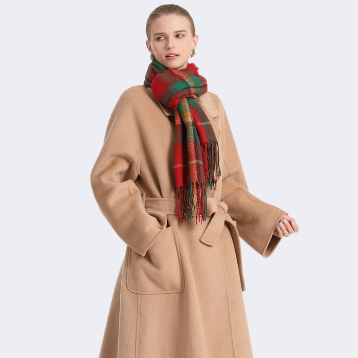 SFN4401 - Elegant Color Block Scarf with Fringe Detailing – Versatile Oversized Design - Red